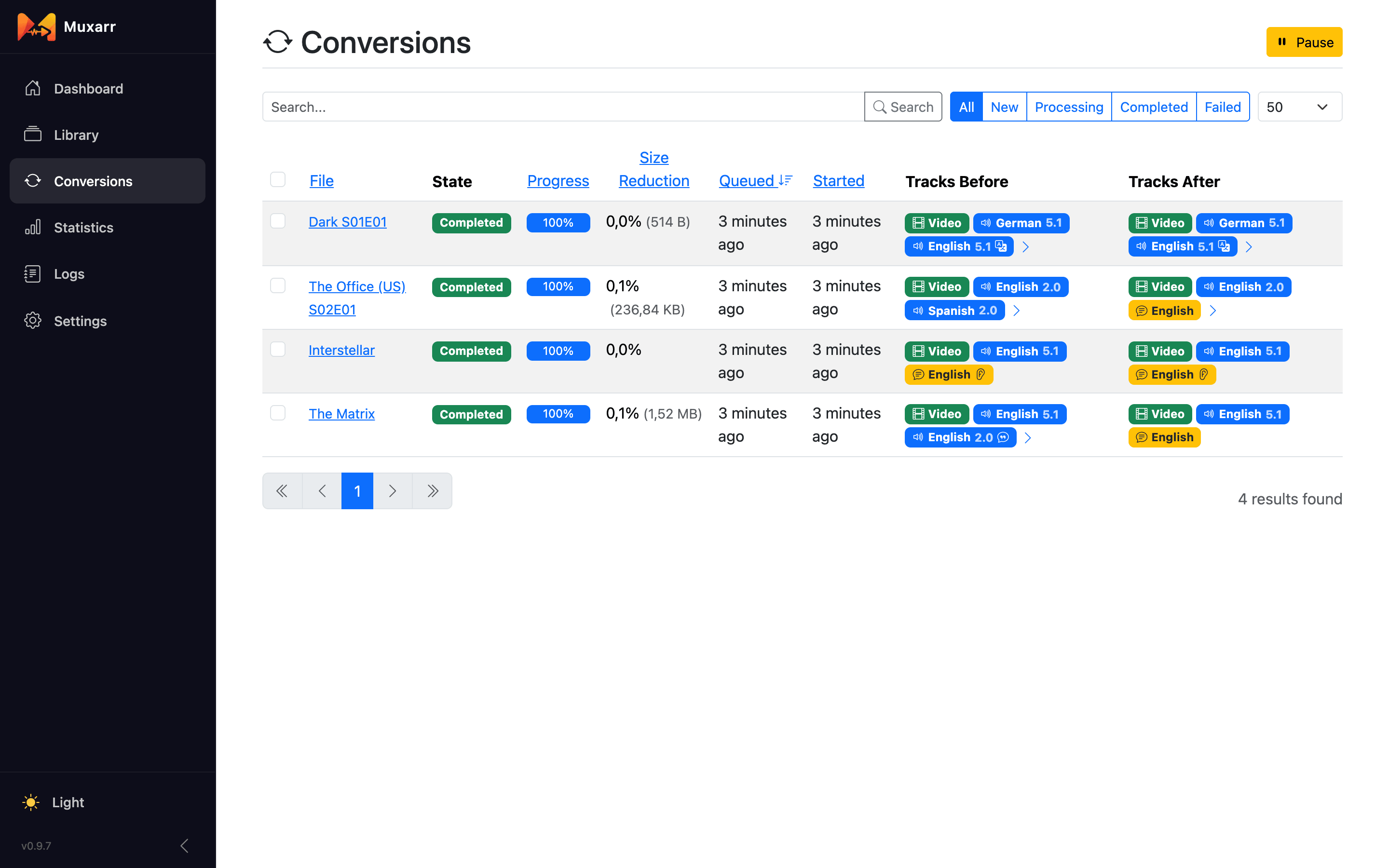 The Conversions page with an active conversion and a queue