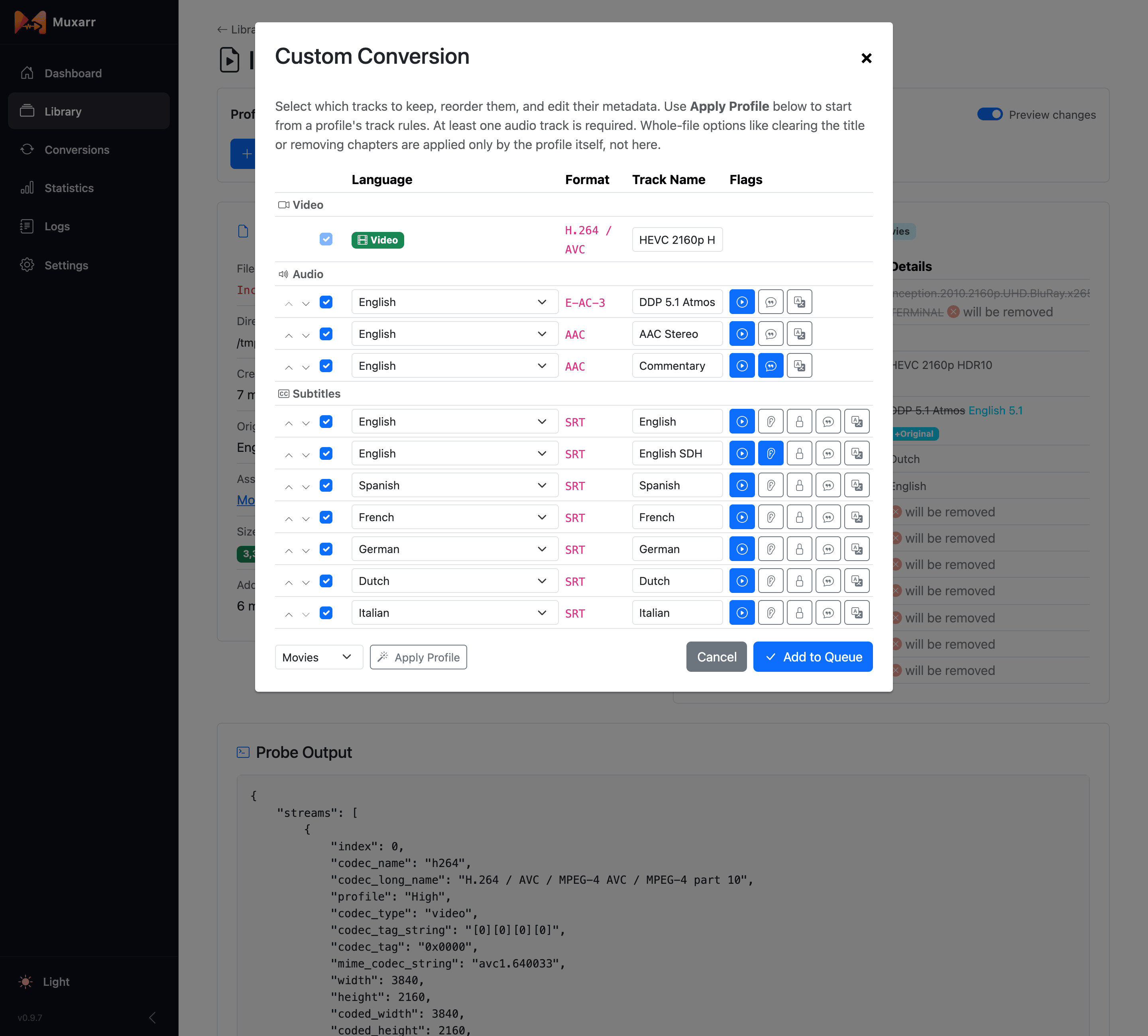 The Custom Conversion dialog with tracks to keep, reorder and rename