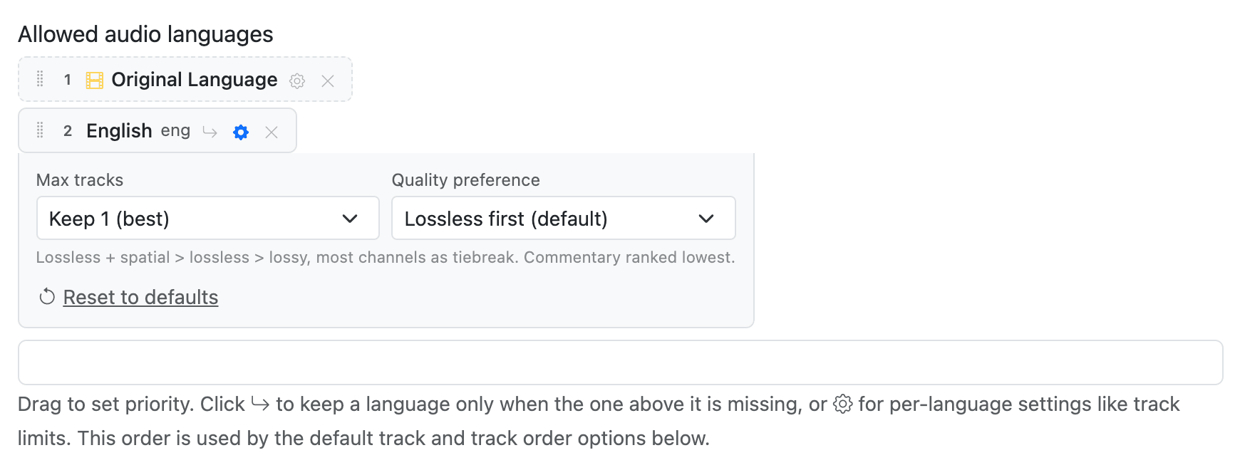 Per-language settings opened for English: max tracks and quality preference