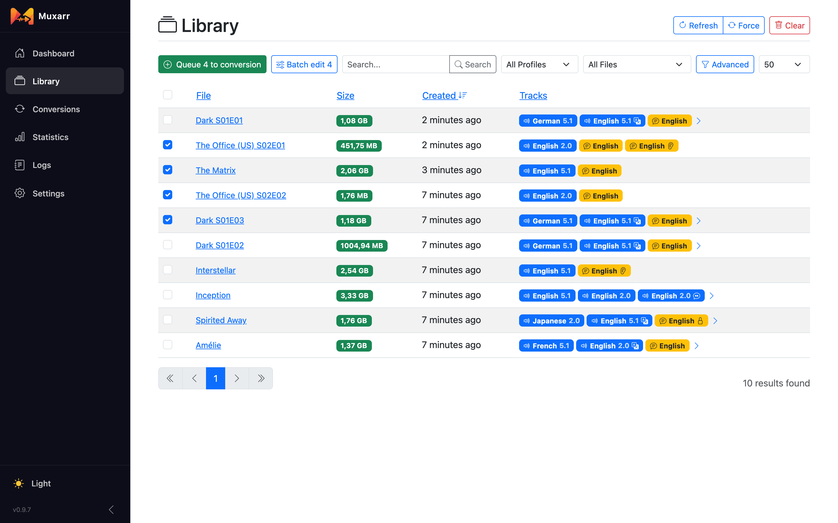 Several files selected in the Library, with Queue and Batch edit buttons