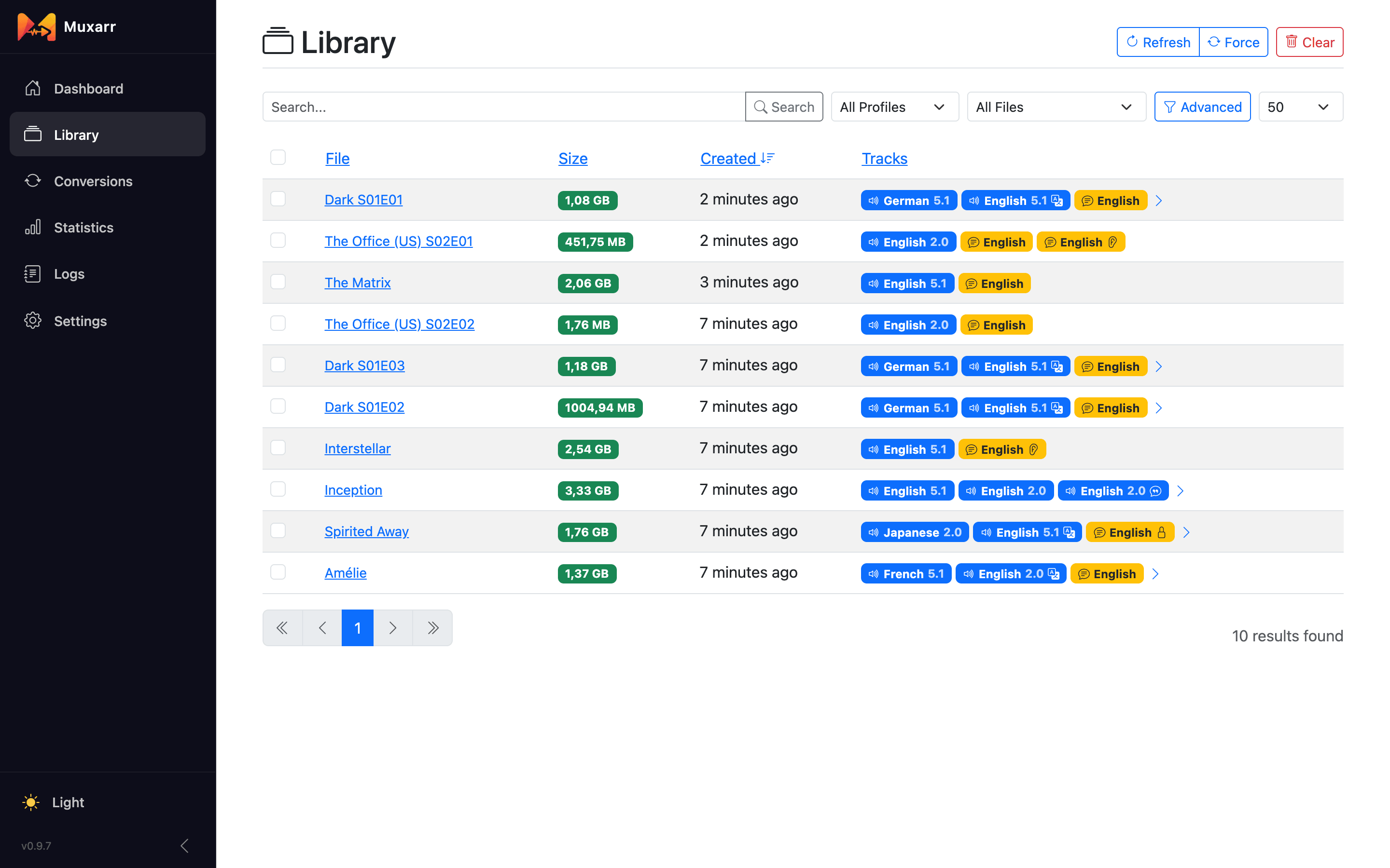 The Library page listing files with their audio and subtitle tracks
