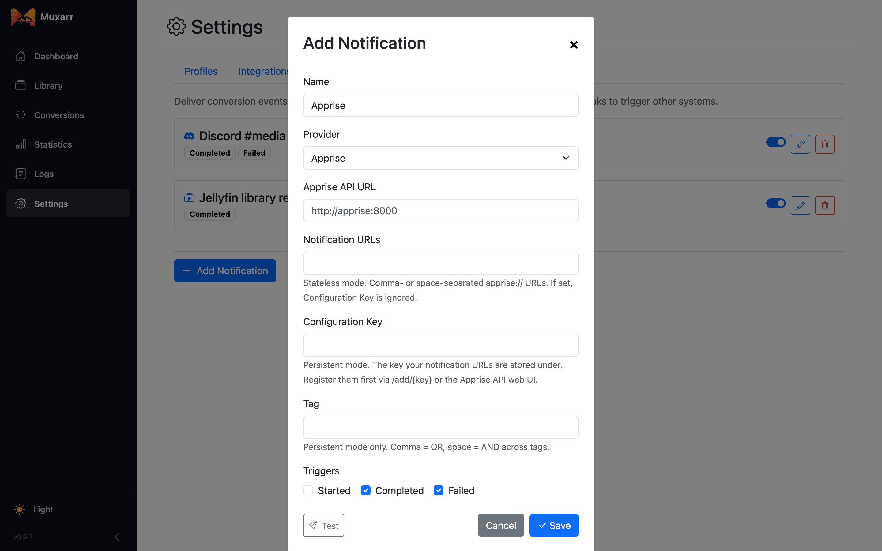The Add Notification dialog with Jellyfin selected