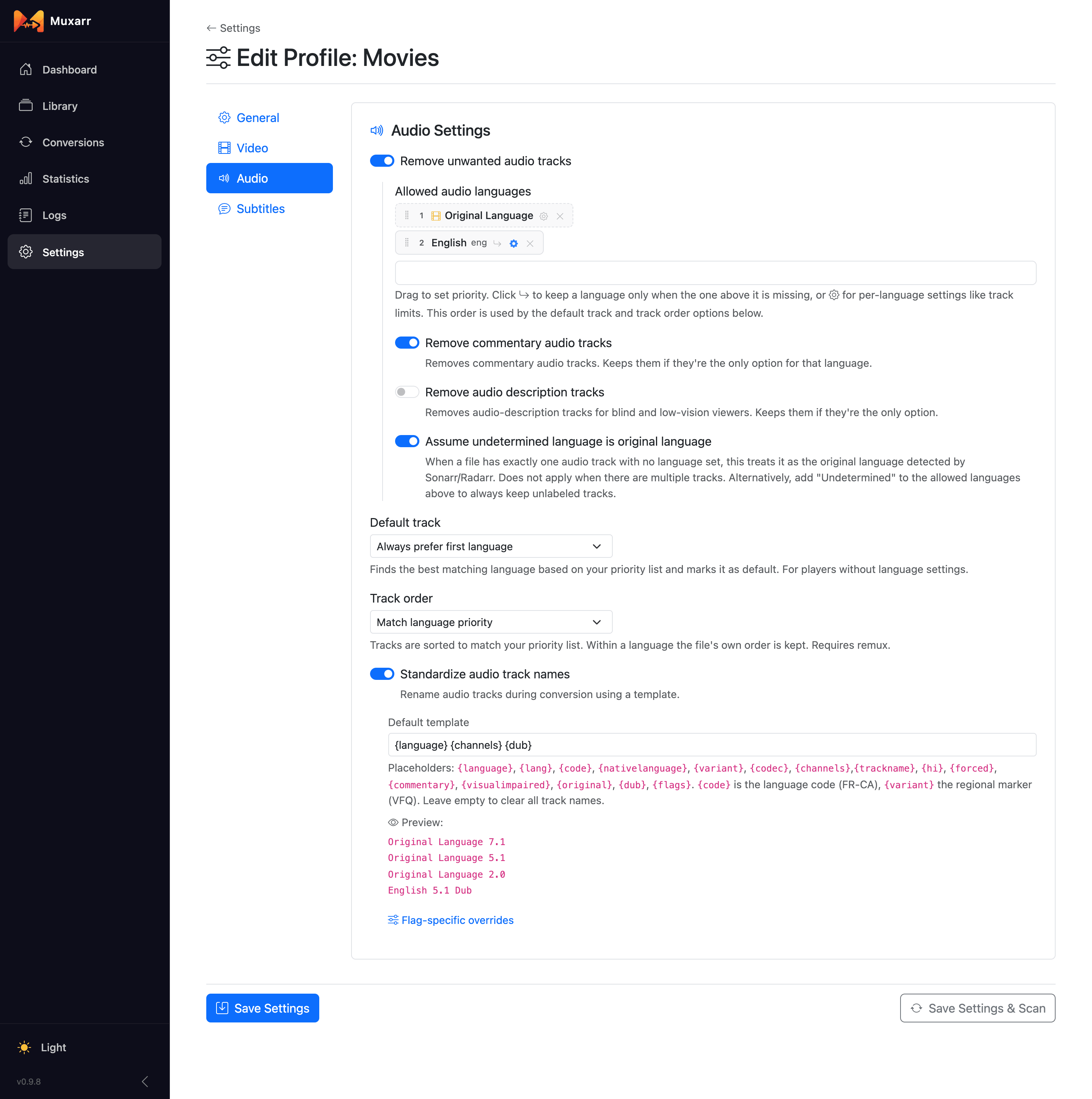 The Audio tab of the profile editor