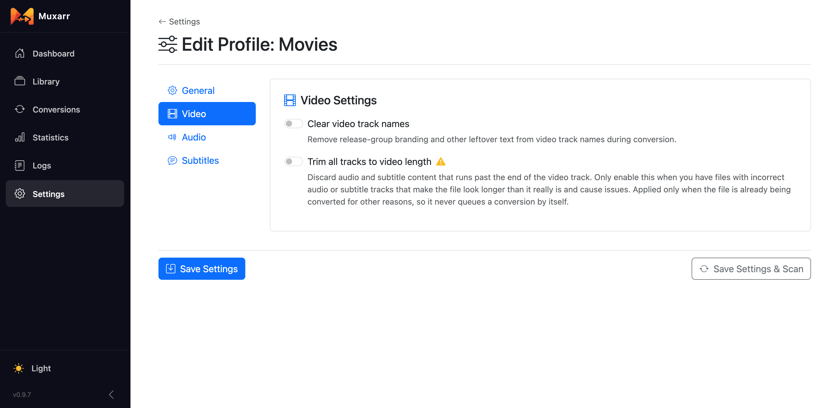 The Video tab of the profile editor