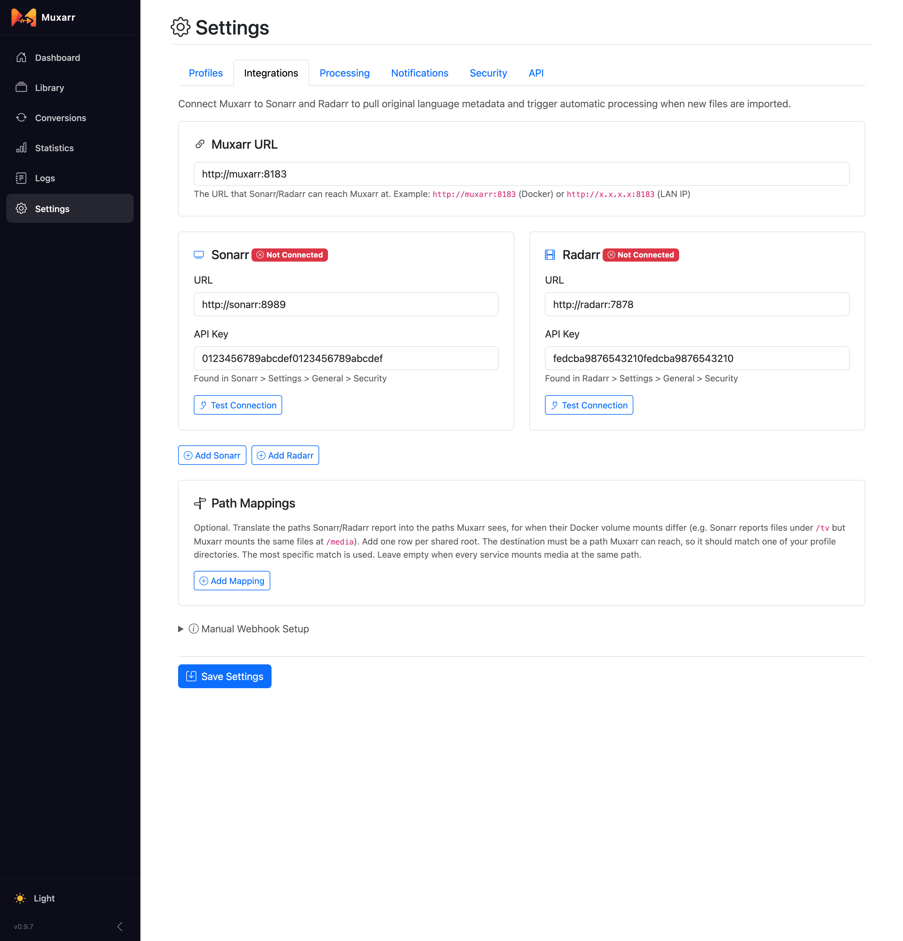 The Integrations tab with Muxarr URL, Sonarr and Radarr cards and path mappings
