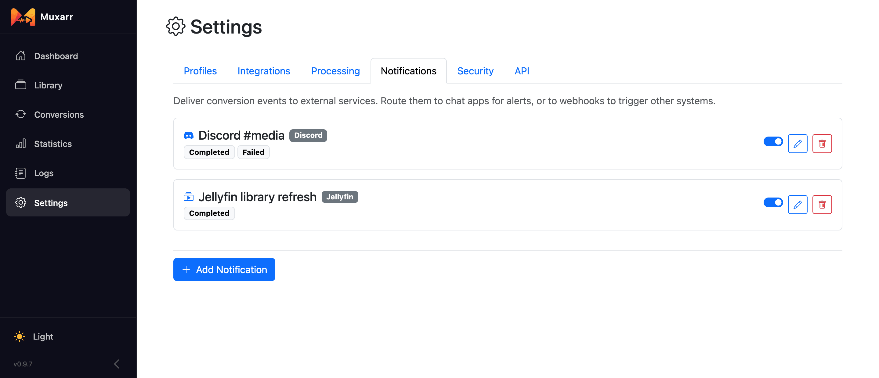 The Notifications tab listing a Discord and a Jellyfin entry