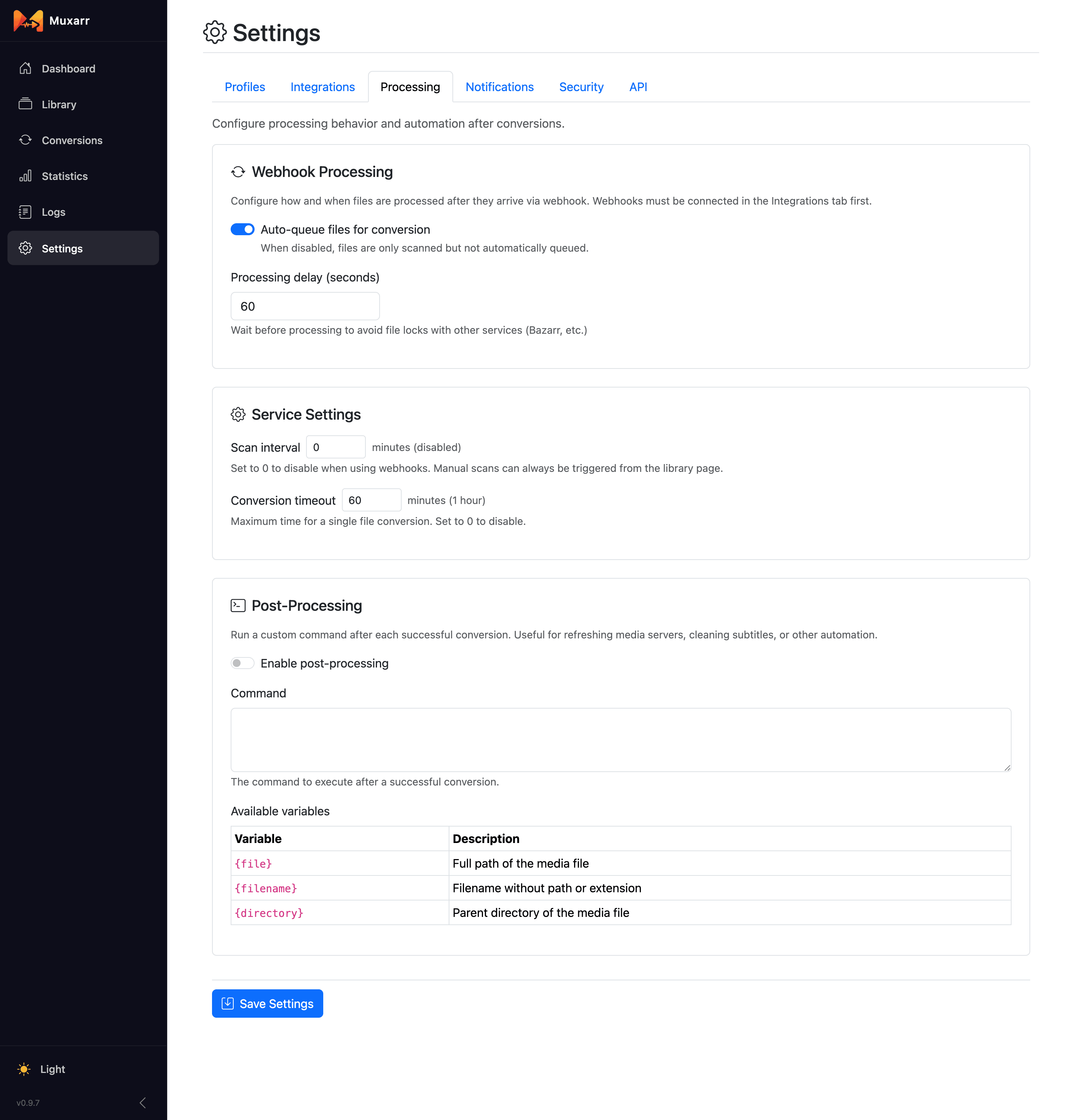 The Processing tab with webhook, service and post-processing settings