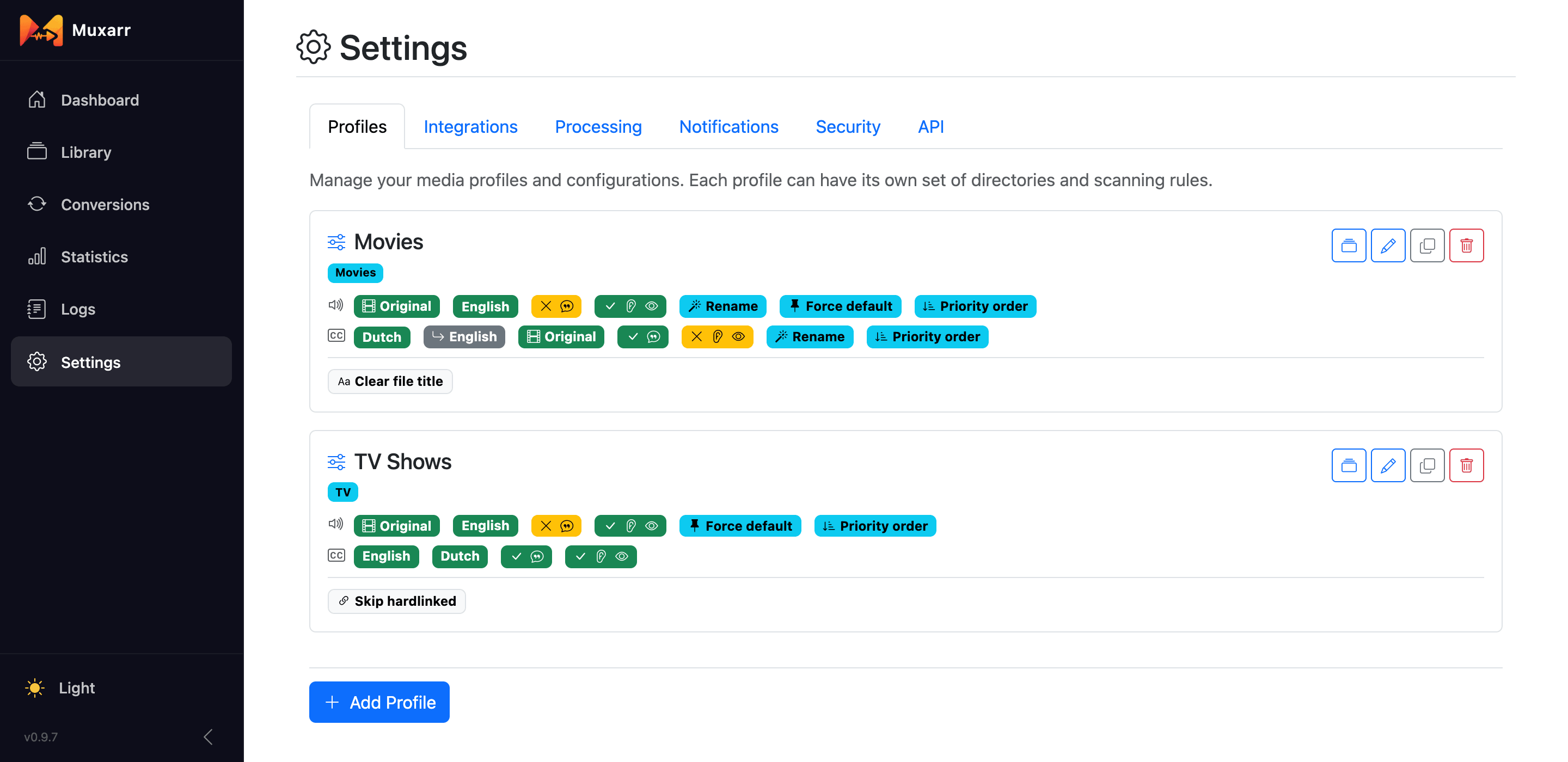 The Profiles tab in Settings, listing two profiles with their rules