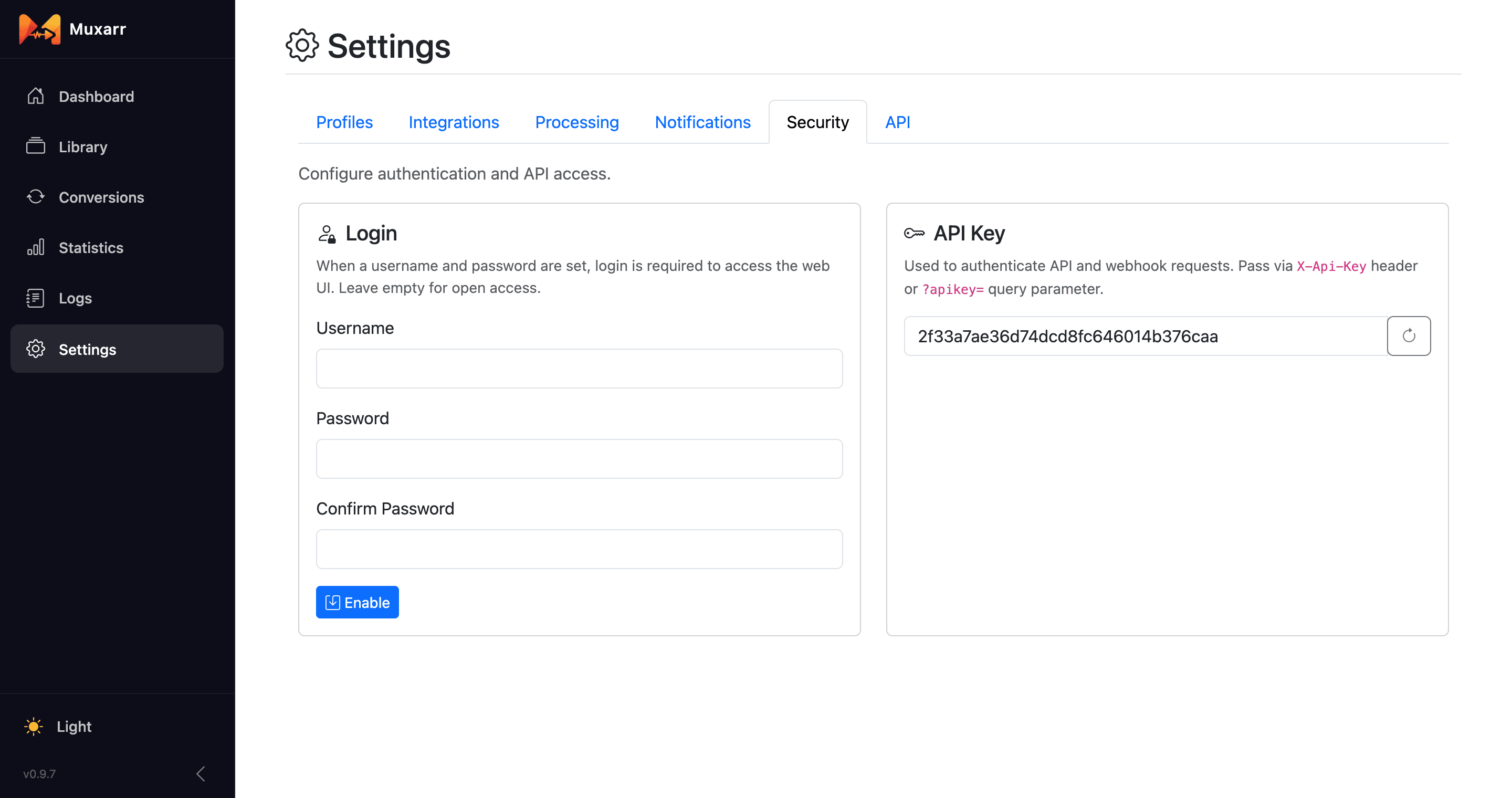 The Security tab with login settings and the API key