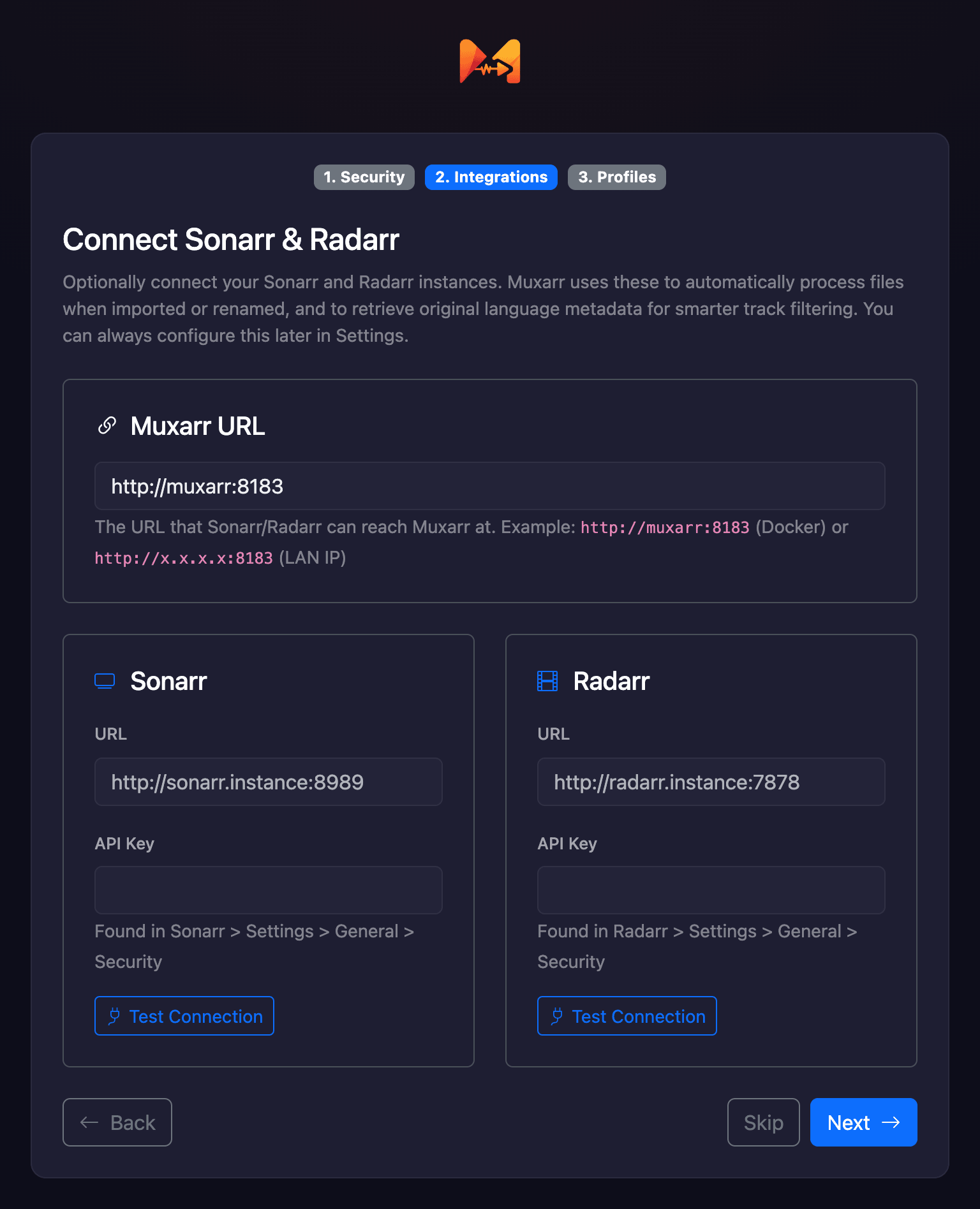 Setup wizard, step 2: connect Sonarr and Radarr