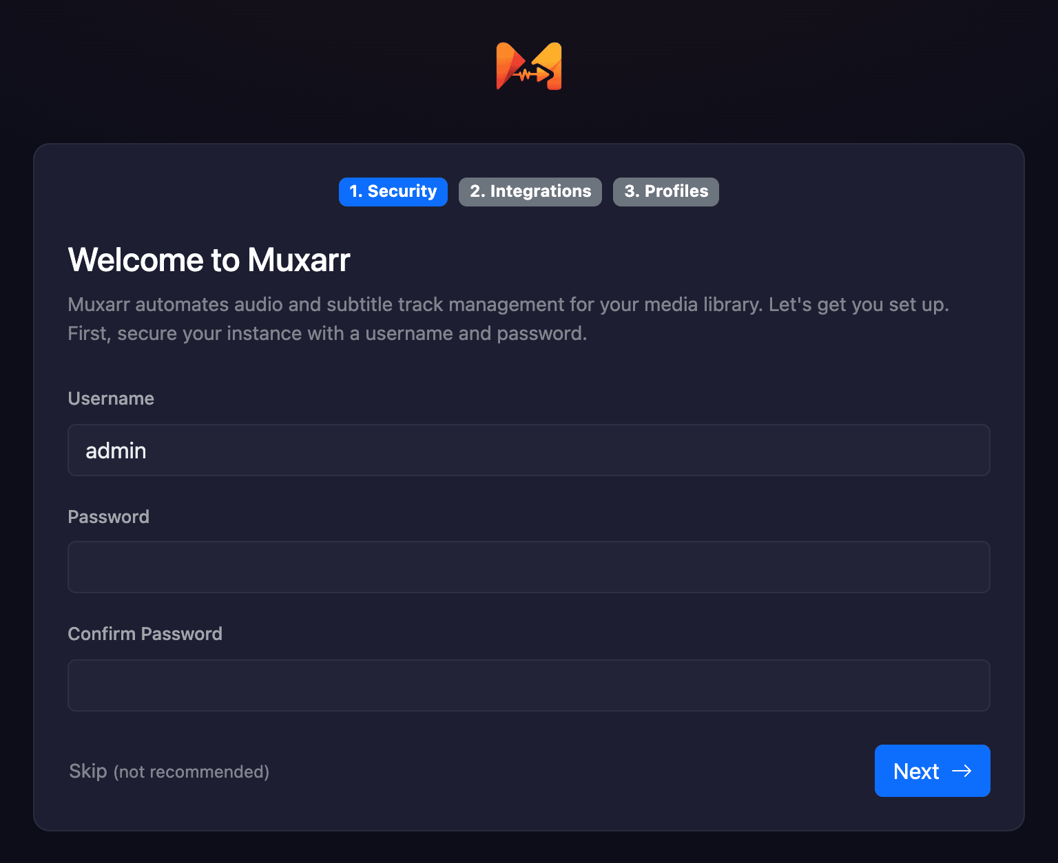 Setup wizard, step 1: username and password